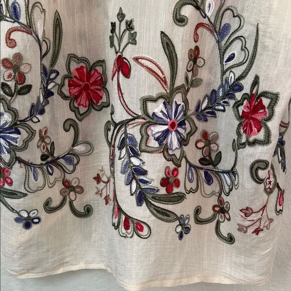 NWT Madam Butterfly Linen Floral Embroidered Kimono Cardigan Cream One Size - Picture 9 of 14